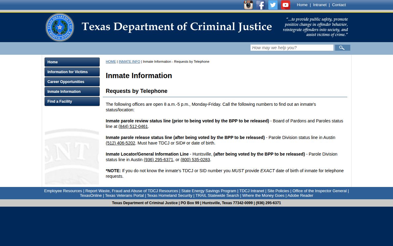 Cooke County TDCJ offender release status telephone channels