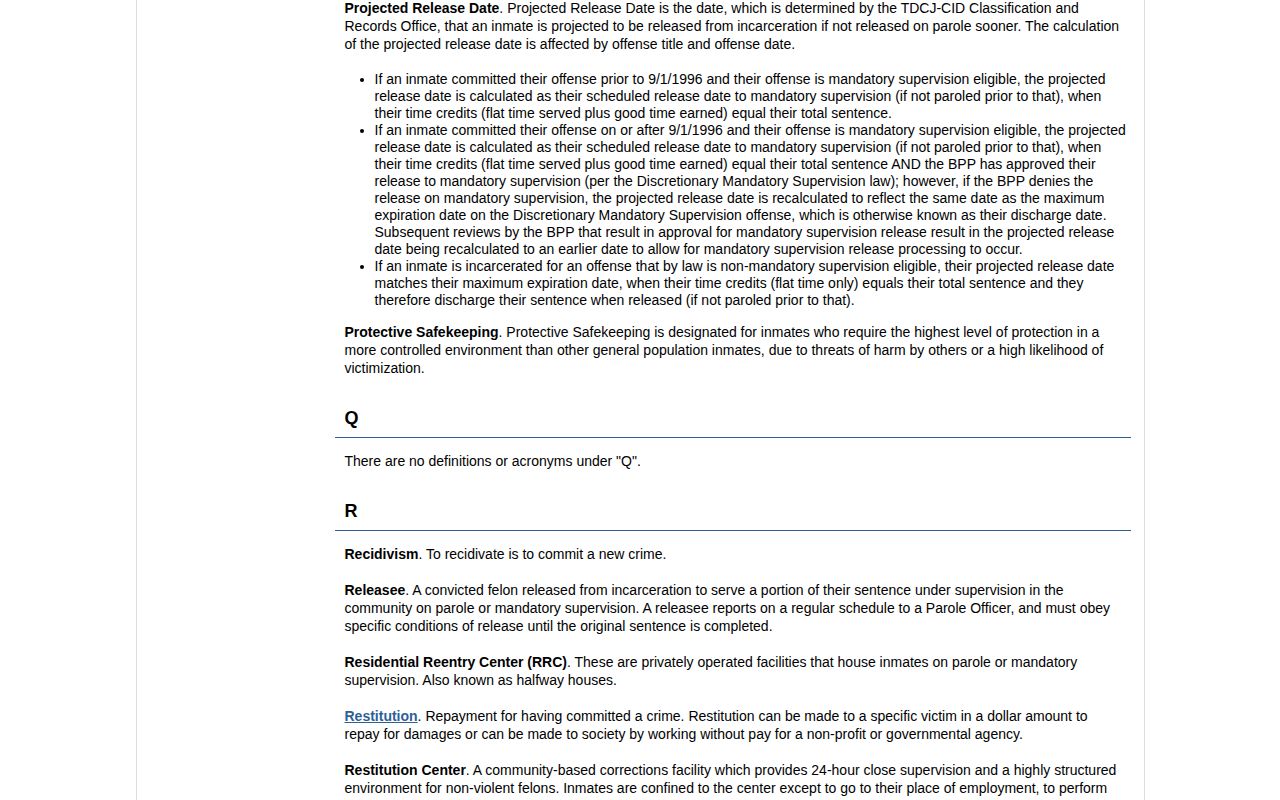 TDCJ definition used for a Cooke County inmate projected release date